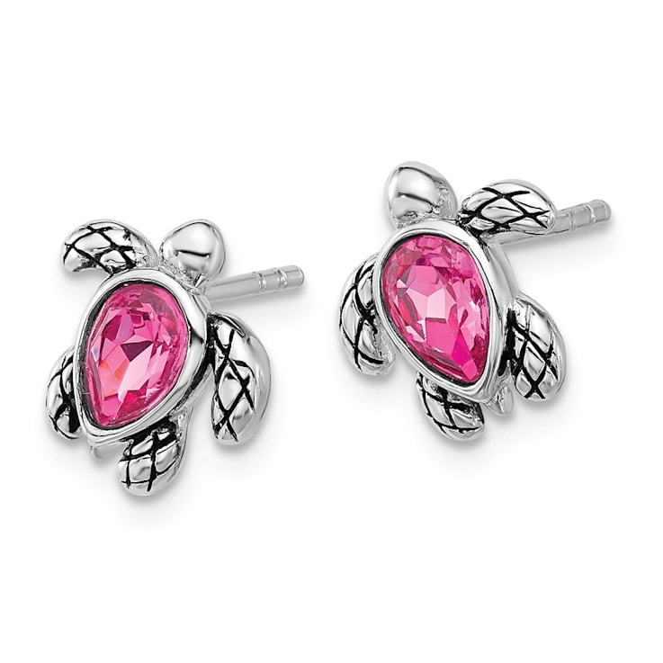 Rhodium Over Sterling Silver Antiqued Crystal October Birthstone Turtle Earrings