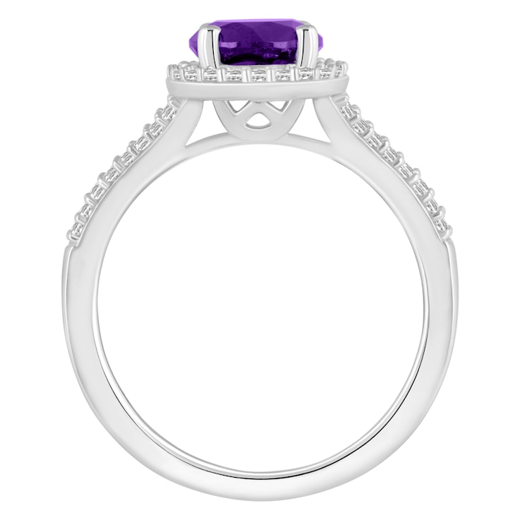 7mm Round Amethyst 1/4 ctw Diamond Rhodium Over Sterling Silver Halo Ring