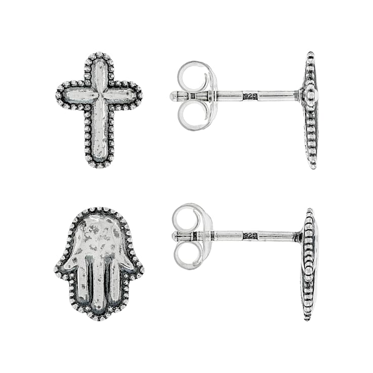 Cross And Hamsa Hand Earring Set In Sterling Silver
