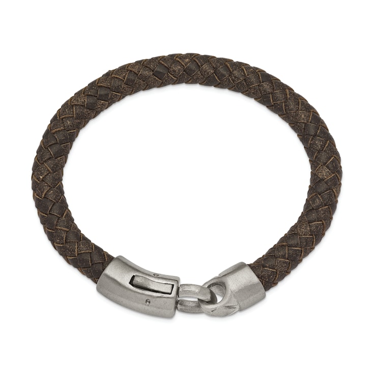 Brown Leather and Stainless Steel Brushed 8.25-inch Bracelet