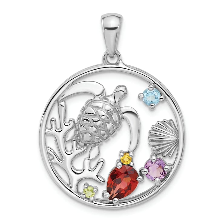 Rhodium Over Sterling Silver Rainbow Multi-Gemstone Sea Turtle Pendant