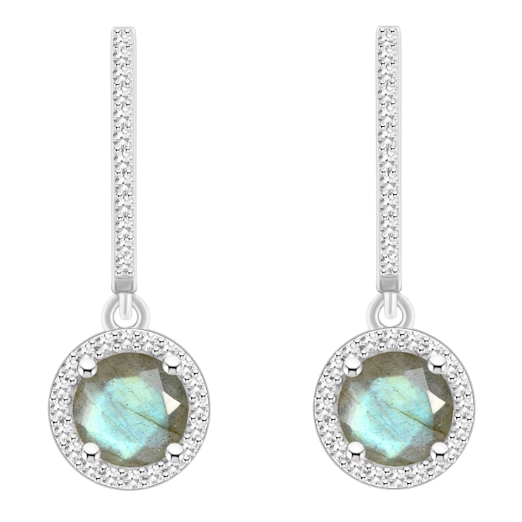 6mm Round Labradorite 1/3 ctw Diamond Rhodium Over Sterling Silver Halo
Dangle Earrings
