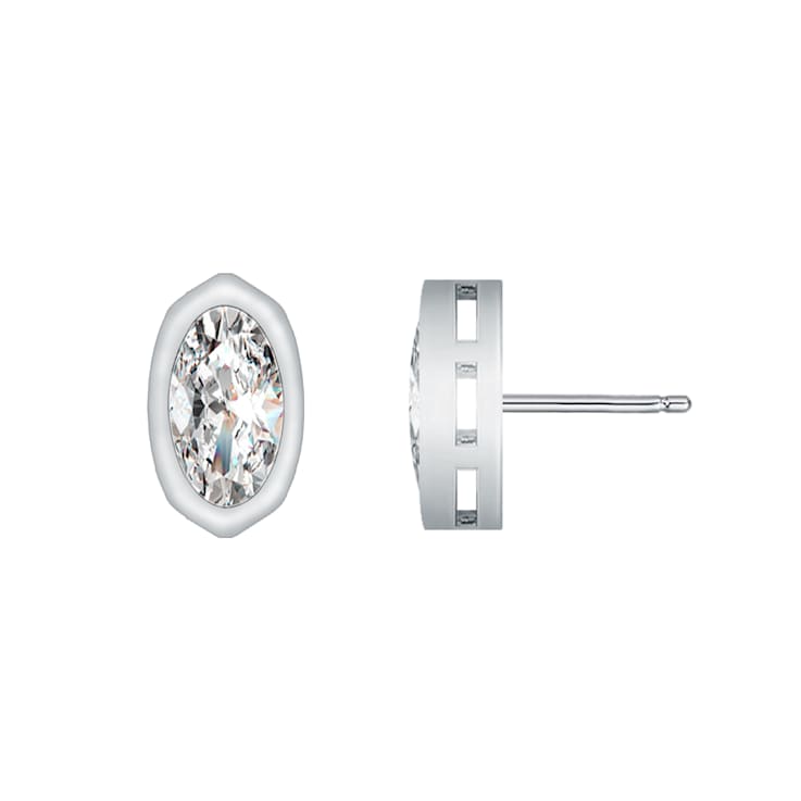 Oval CZ Stud Earrings In White Rhodium Over Brass