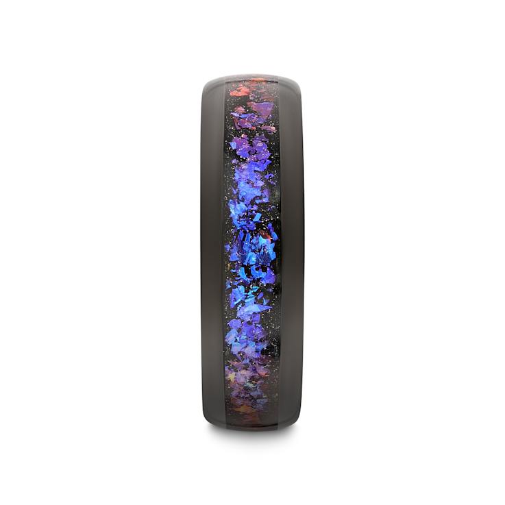COSMIC Black Tungsten Ring with Crushed Alexandrite and Dark Blue and
Purple Crushed Goldstone 8mm