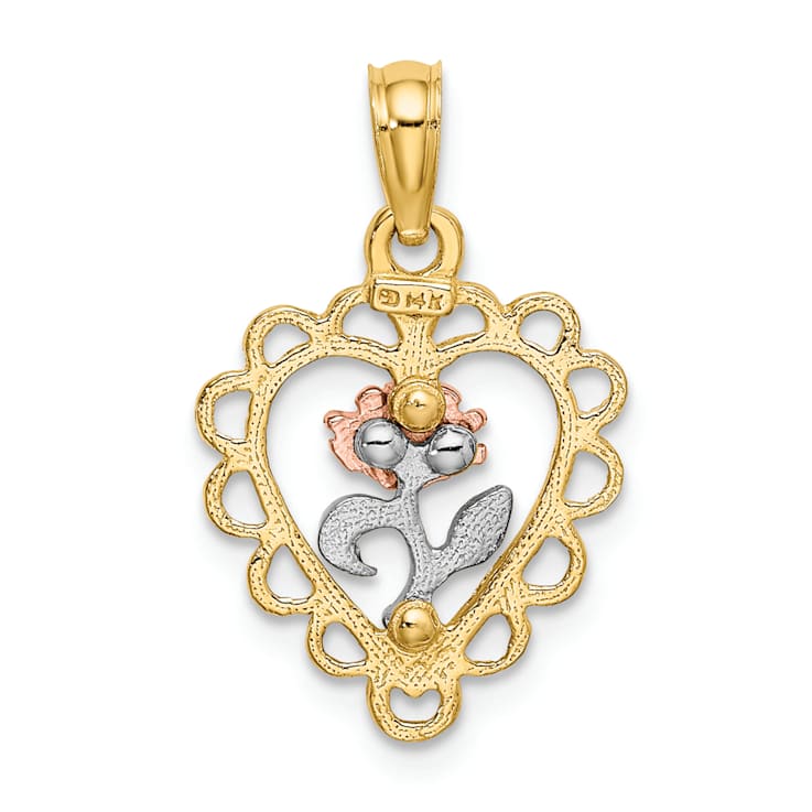 14k Tri-color Gold Textured Heart with Rose and Lace Trim Charm