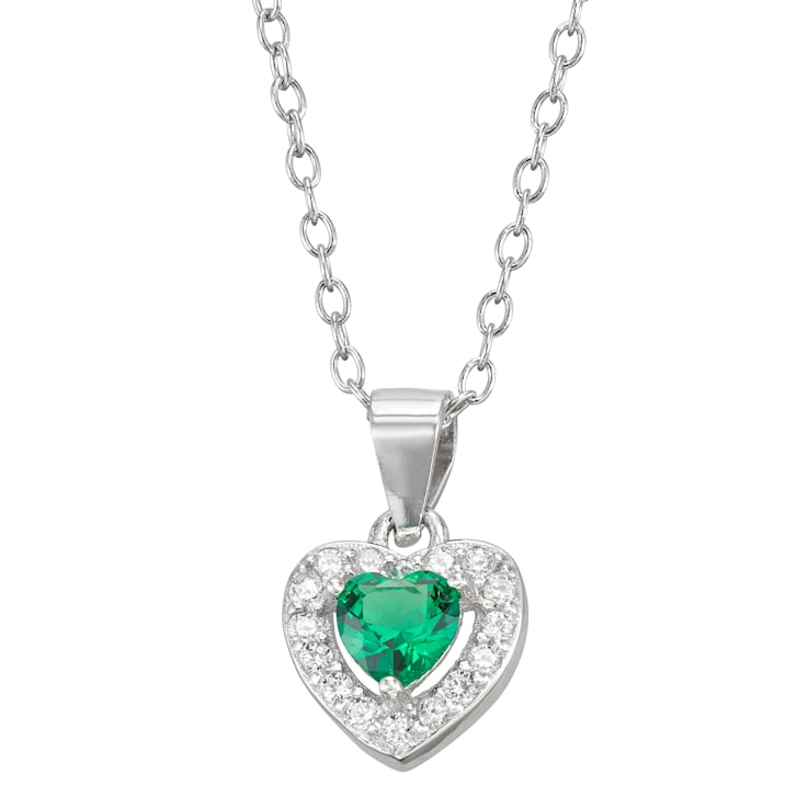 Green And White Cubic Zirconia Rhodium Over Silver Children's Heart
Pendant With Chain 0.49ctw