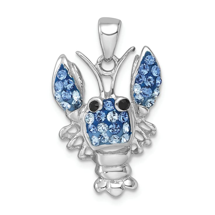 Rhodium Over Sterling Silver Polished Blue Crystal Lobster Pendant