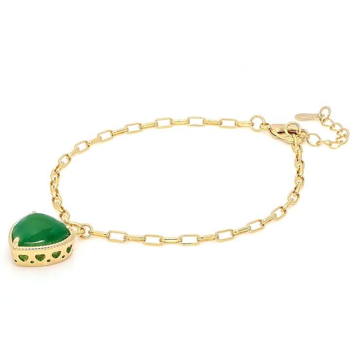 Green Onyx Heart Charm Paperclip Bracelet In 18K Gold Over Brass 5.10ctw