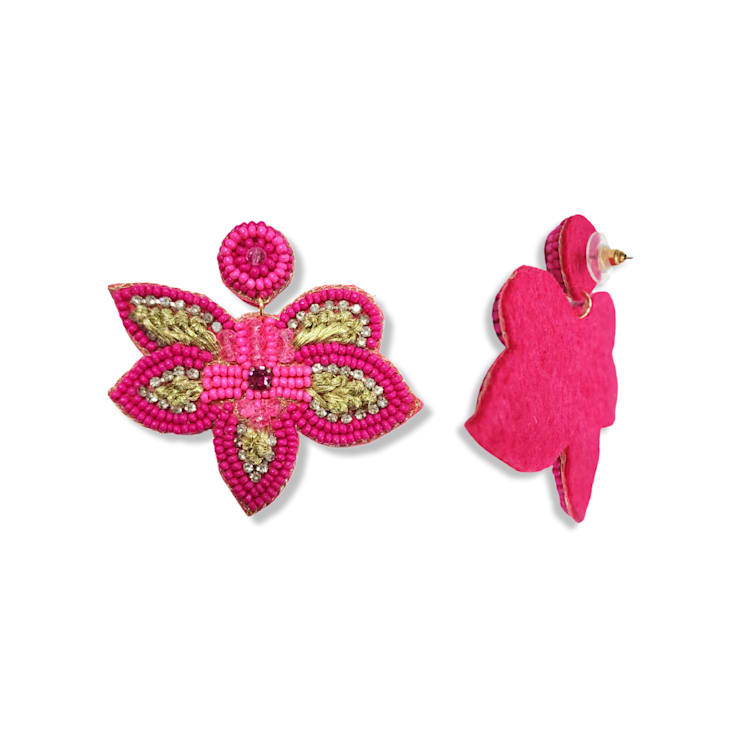 Pink Seed Beads With Clear Crystal Butterfly Earring