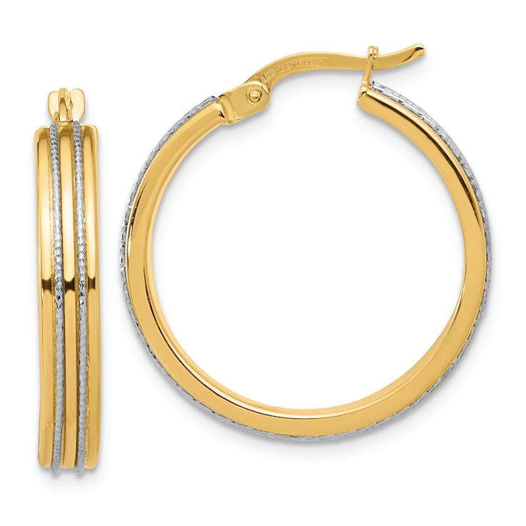 14k Two-tone 1/1" Polished and Diamond-Cut Hoop Earrings