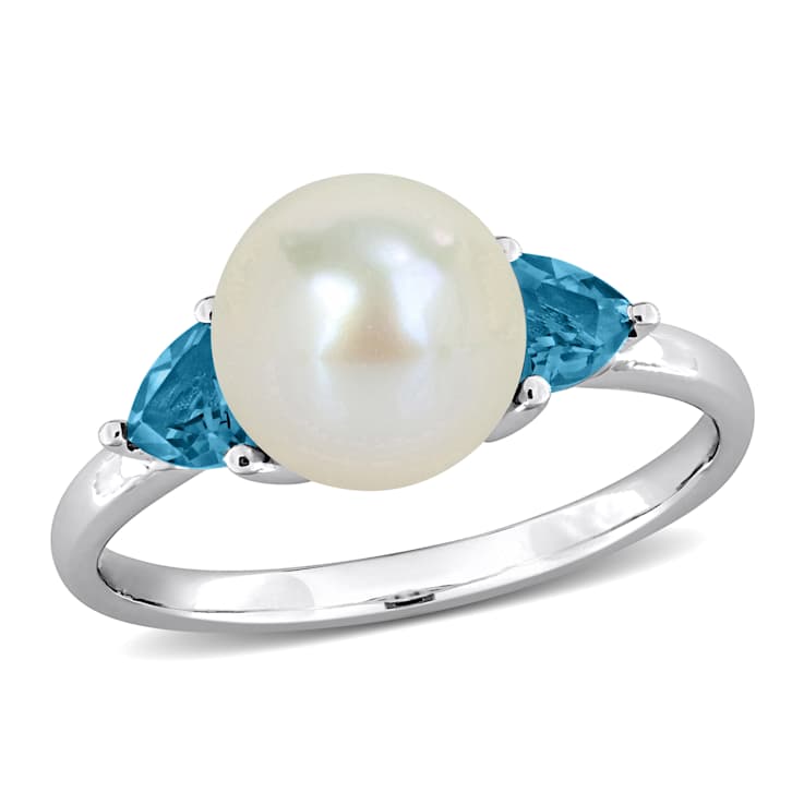 London Blue Topaz & Cultured Freshwater Pearl 10k White Gold Ring 0.6ctw