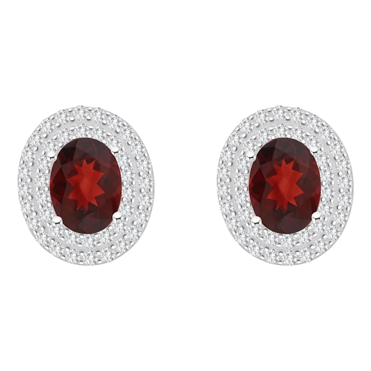 8x6mm Oval Garnet And White Topaz Accent Rhodium Over Sterling Silver
Double Halo Stud Earrings