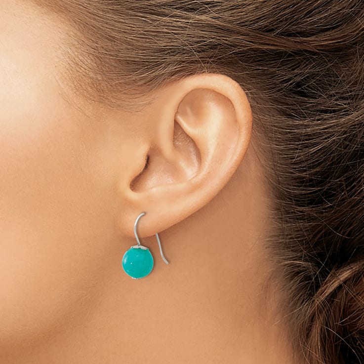 Sterling Silver Polished 10mm Round Teal Jadeite Dangle Earrings