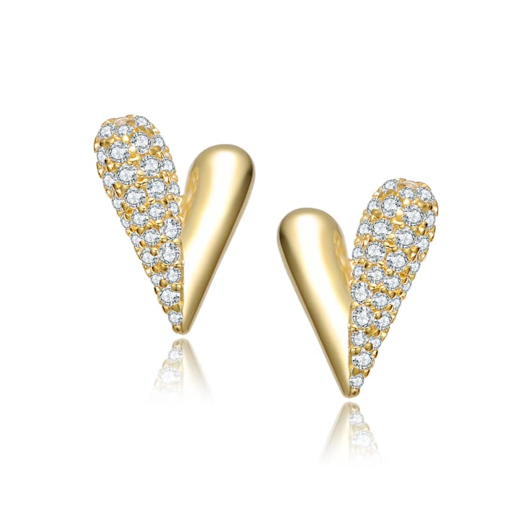 Pave CZ Heart Stud Earrings In 14K Gold Over Brass