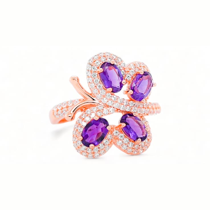 6x4mm Oval Amethyst and White CZ 18K Rose Gold Over Sterling Silver
Ring, 1.50ctw