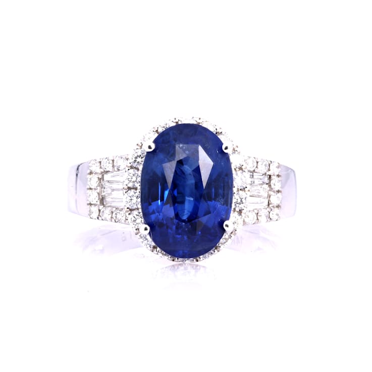 4.84 Ctw Blue Sapphire and 0.60 Ctw White Diamond Ring in 14K WG