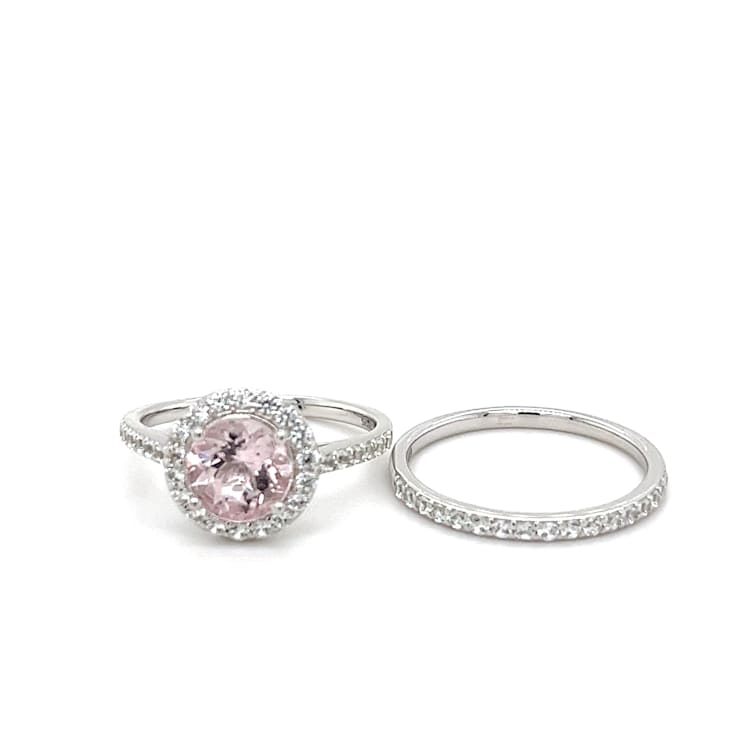 Round Pink Morganite and Cubic Zirconia Rhodium Over Sterling Silver Ring