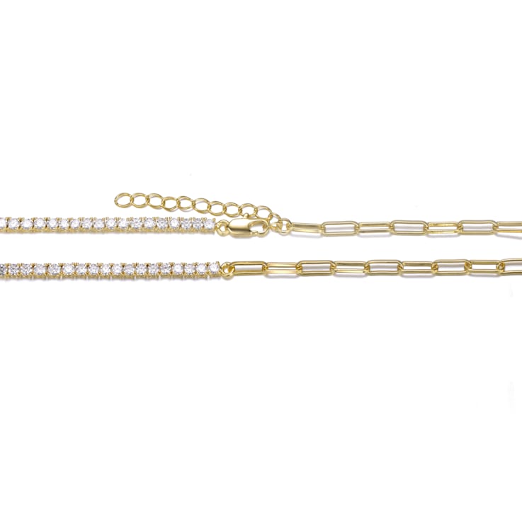 CZ Half Tennis Half Link Necklace In 14K Gold Over Brass
