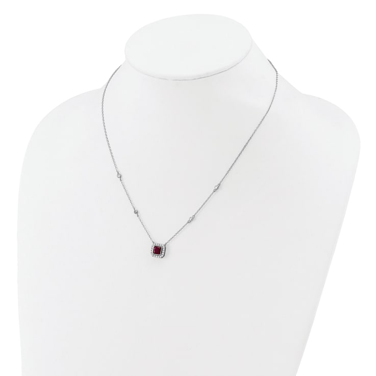 Rhodium Over Sterling Silver Fancy Created Ruby and Cubic Zirconia Necklace