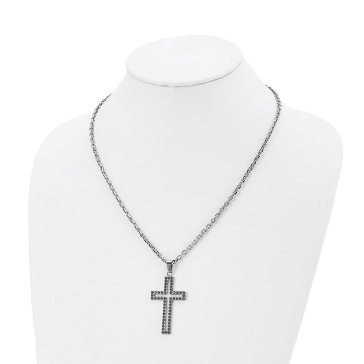 Black Cubic Zirconia Stainless Steel Men's Cross Pendant With Chain