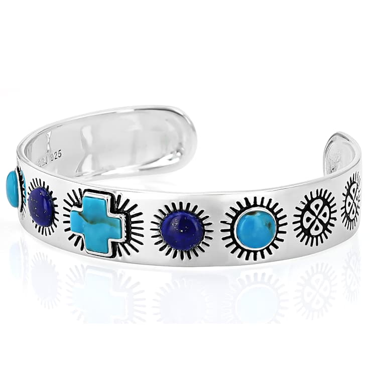 Turquoise And Lapis Lazuli Sterling Silver Cross Cuff Bracelet 7mm 11x11mm