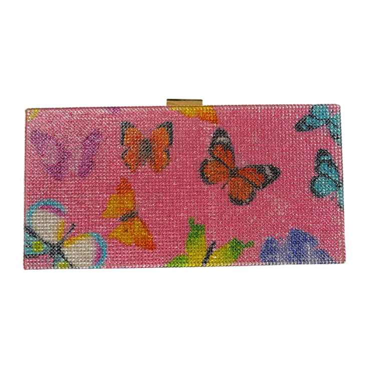 Gold Tone Pink Crystal Multi Butterfly Rhinestones Square Clutch