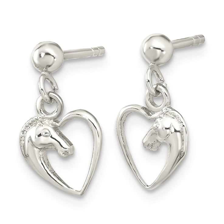 Rhodium Over Sterling Silver Open Heart Horse Head Dangle Earrings