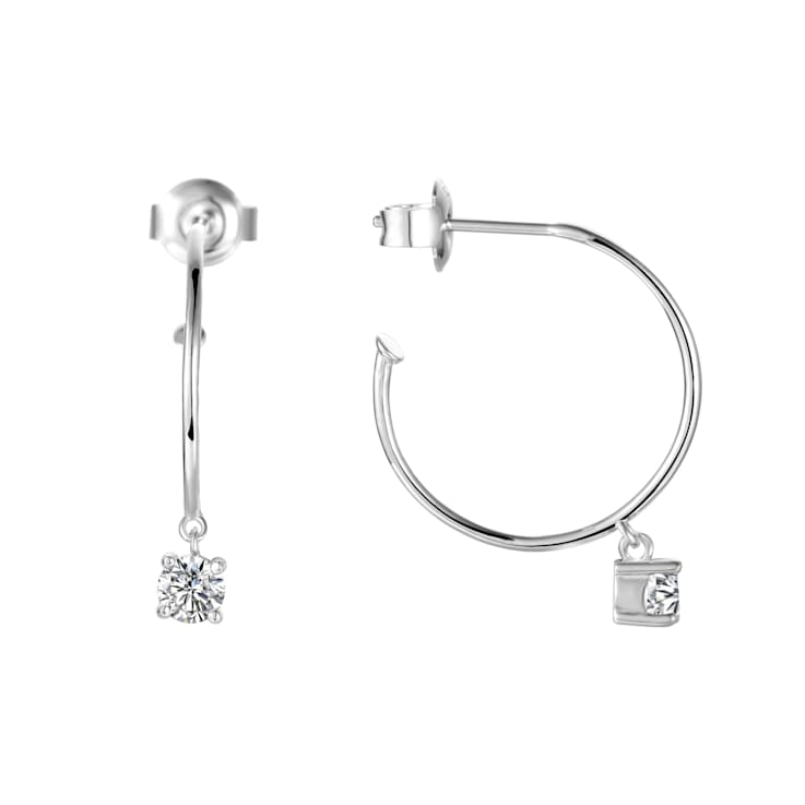 White Topaz Rhodium Over Sterling Silver Drop Round Hoop Earrings