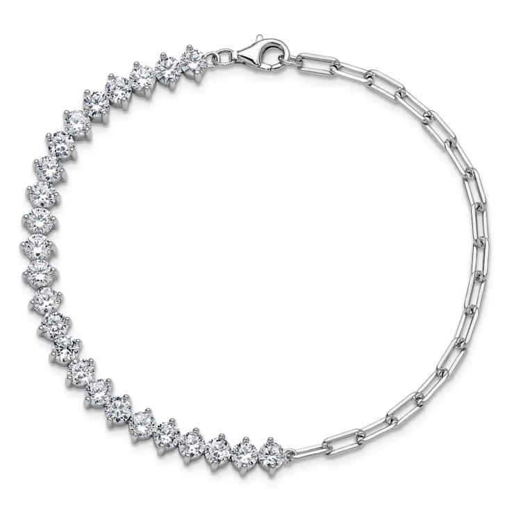 Rhodium Over Sterling Silver Fancy Cubic Zirconia and Paperclip Link Bracelet