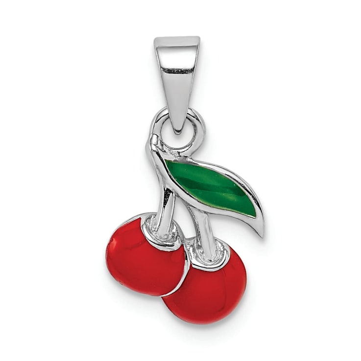 Rhodium Over Sterling Silver Red and Green Enameled Cherry Children's Pendant