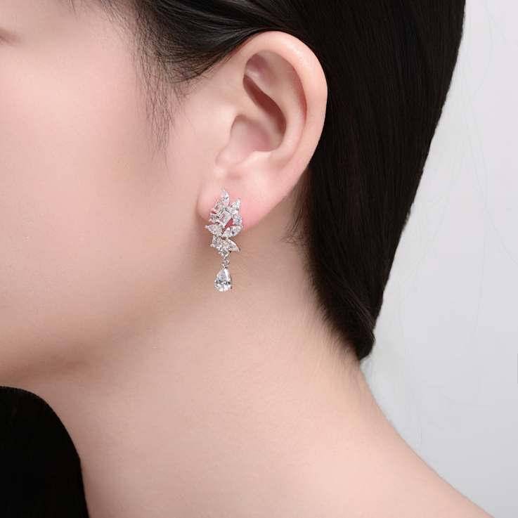 Marquise And Pear Shape CZ Cluster Drop Earrings In White Gold Over Brass