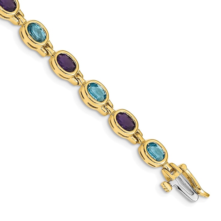 14k Yellow Gold and 14k White Gold Oval Gemstone Amethyst and Blue Topaz Bracelet