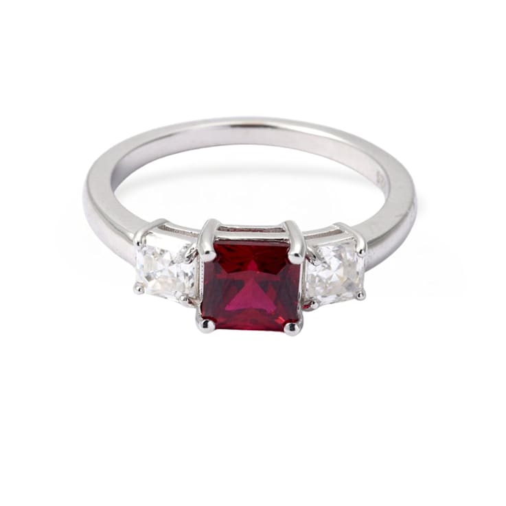 Red Lab Grown Ruby Rhodium Over Sterling Silver Three Stone Ring