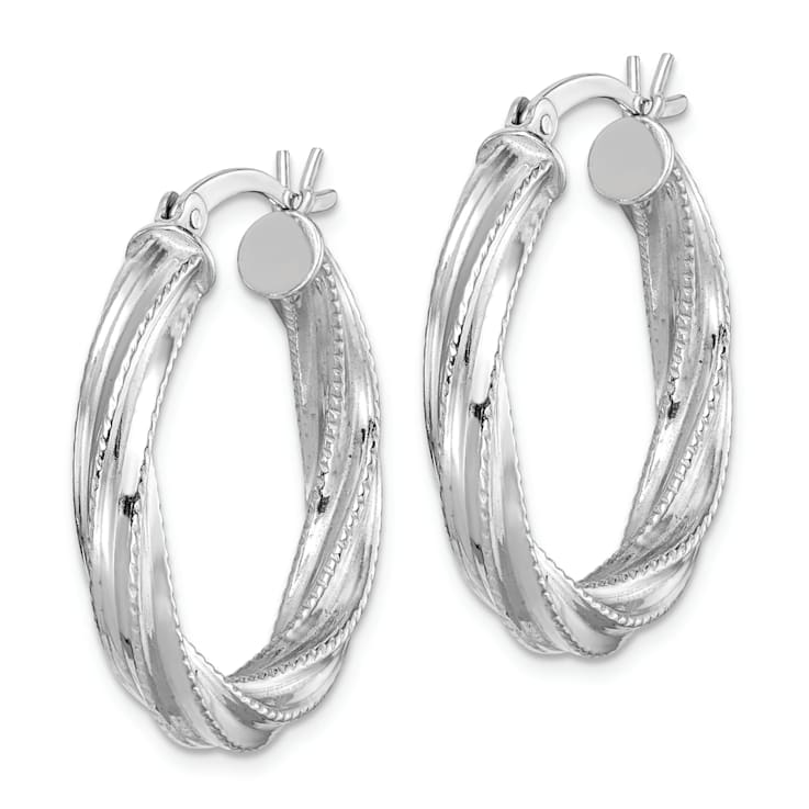Rhodium Over Sterling Silver Patterned Twisted 4x25mm Hoop Earrings