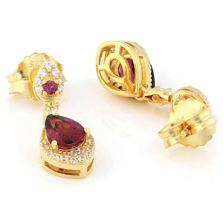 Grape Color Garnet And White Zircon Dangle Earrings In 18K Gold Over
Sterling Silver 2.33ctw