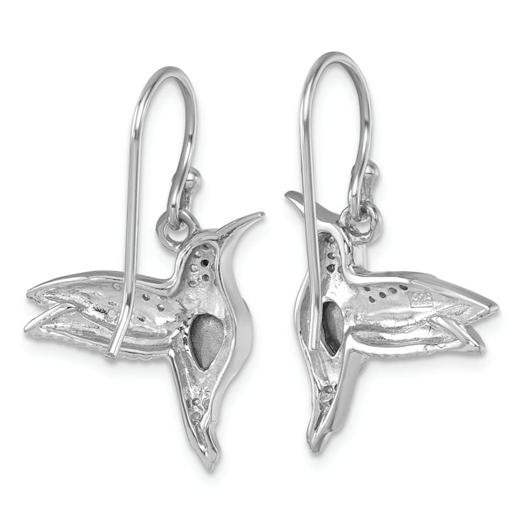 Rhodium Over Sterling Silver Crystal Inlay Hummingbird Dangle Earrings