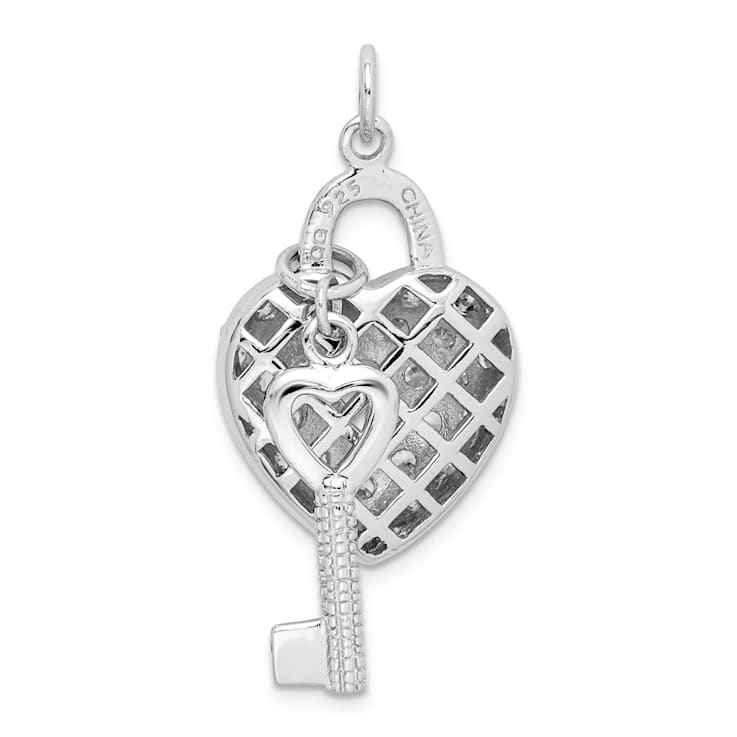 Rhodium Over Sterling Silver Cubic Zirconia Heart Lock and Key Pendant