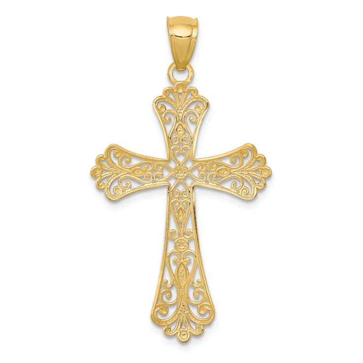 14k Yellow Gold and Rhodium Over 14k Yellow Gold Diamond-cut and
Textured Cross Pendant