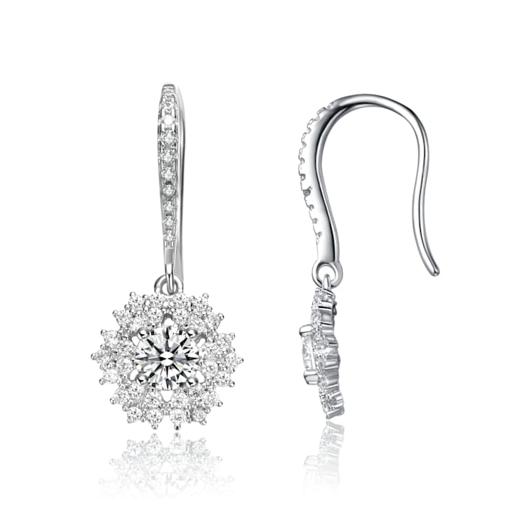 CZ Snowflake Cluster Drop Earrings In White Rhodium Over Brass