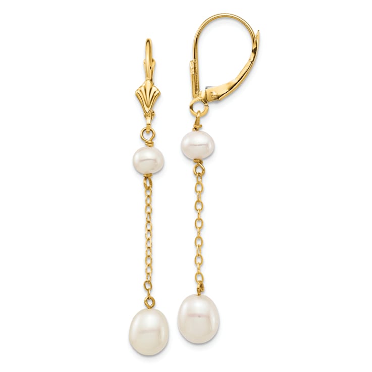 14K Yellow Gold 5-7mm White Rice Freshwater Cultured Pearl Leverback Earrings