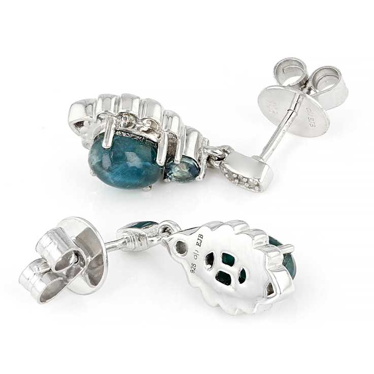Blue Apatite Cat's Eye With Sapphire And Diamond Earrings In Sterling
Silver 0.32ctw