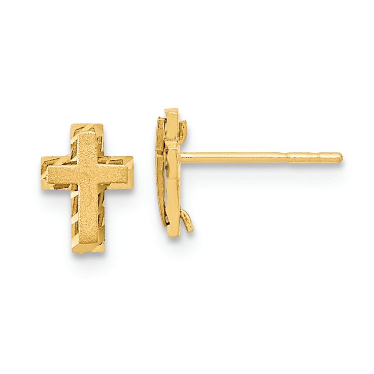 14k Yellow Gold Satin, Polished and Diamond-Cut Cross Stud Earrings