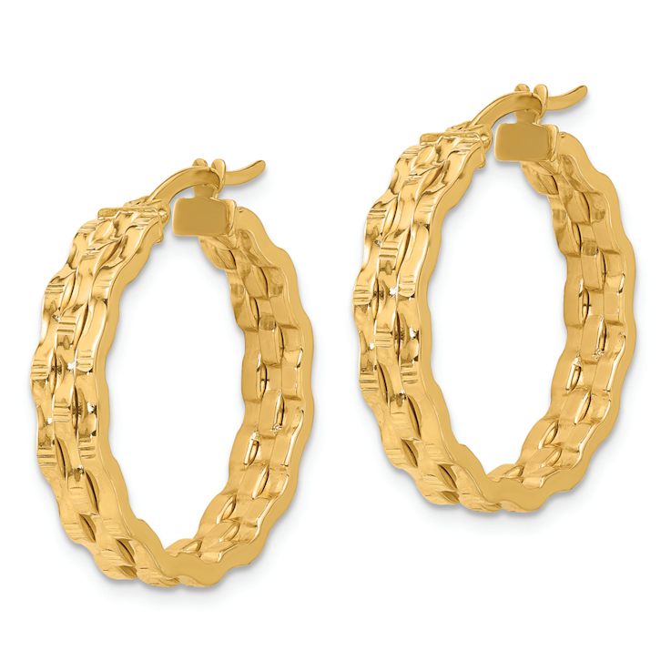 14k Yellow Gold 1/1" Polished and Textured Hoop Earrings