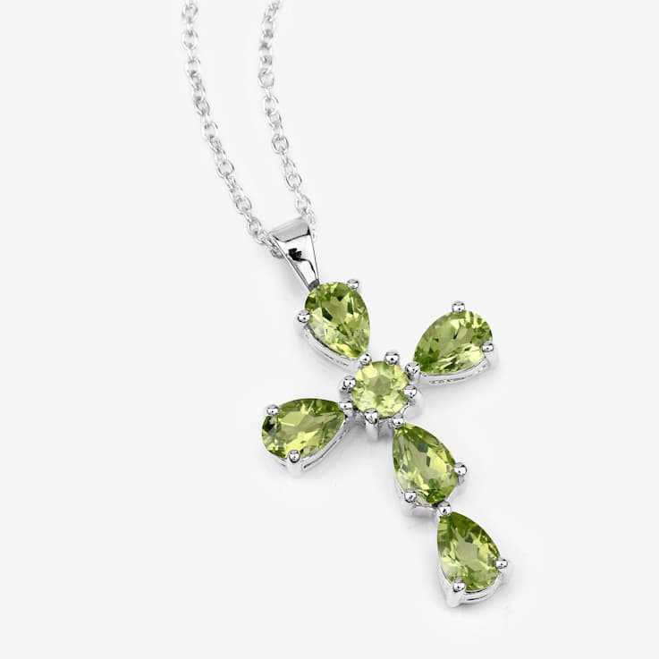 Green Peridot Rhodium Over Sterling Silver Cross Pendant With Chain