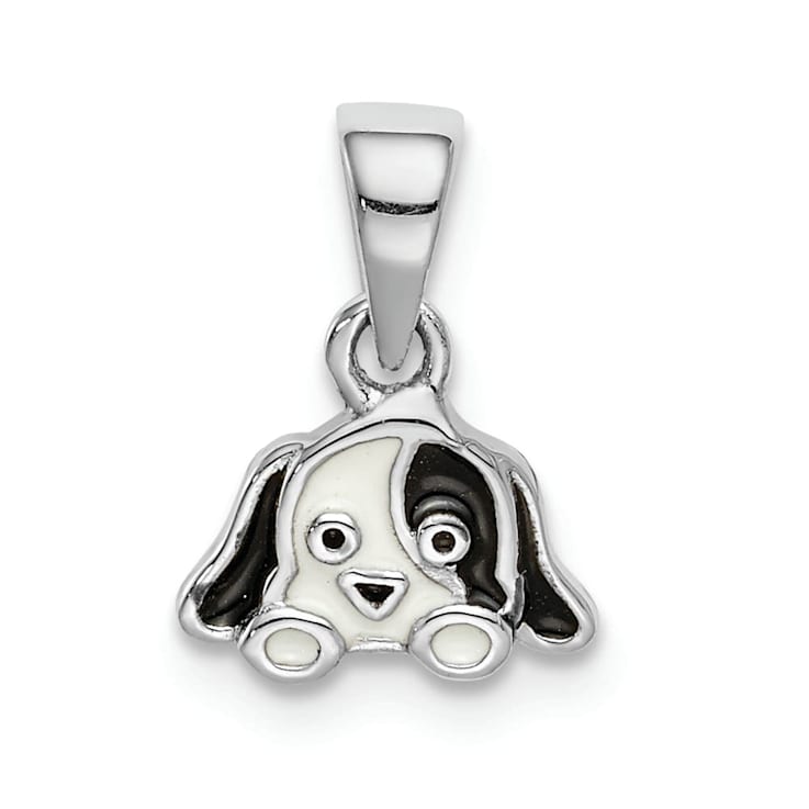 Rhodium Over Sterling Silver Black/White Enameled Puppy Children's Pendant