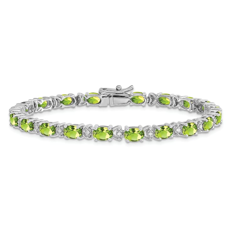 Rhodium Over 14k White Gold Oval Peridot and Diamond Bracelet