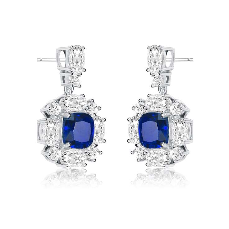 Sapphire Color CZ Square Drop Earrings In White Rhodium Over Brass