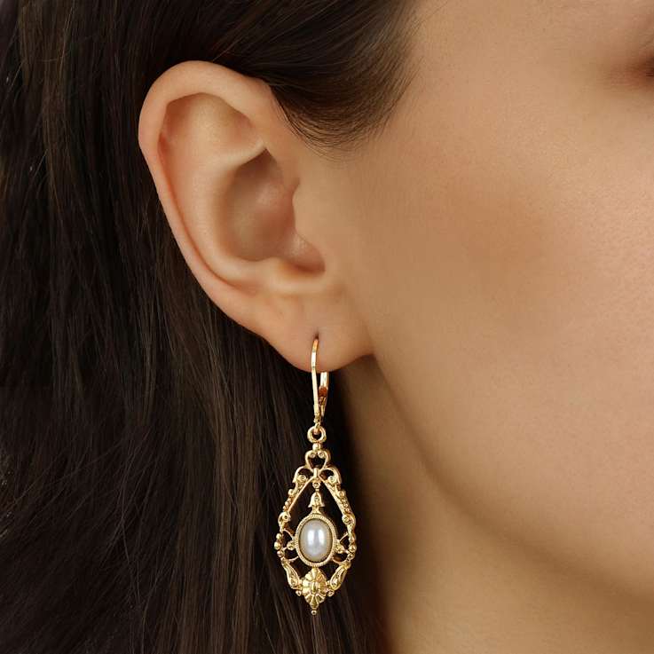 White Teardrop Dangle Earrings In Gold Tone