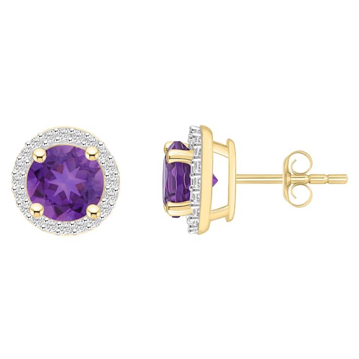 6mm Round Amethyst And Created White Sapphire 10k Yellow Gold Halo Stud Earrings
