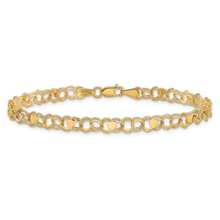 14k Yellow Gold 4mm Double Link Hearts Charm Bracelet